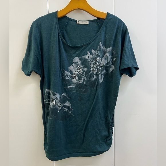 Great Condition Agenda Blue Flower Print Short Sleeve Blouse - Picture 1 of 2